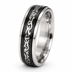 Stainless Steel Spinner Ring Black Tribal Band Fidget Anxiety Ring